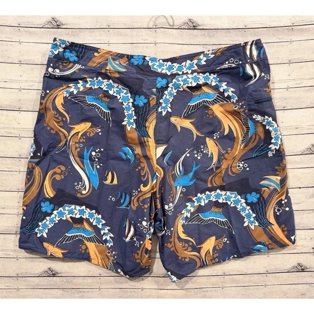 PATAGONIA Mens Board Short Sz 38 Blue Minimalist Wavefarer Nylon Fish Swim Trunk